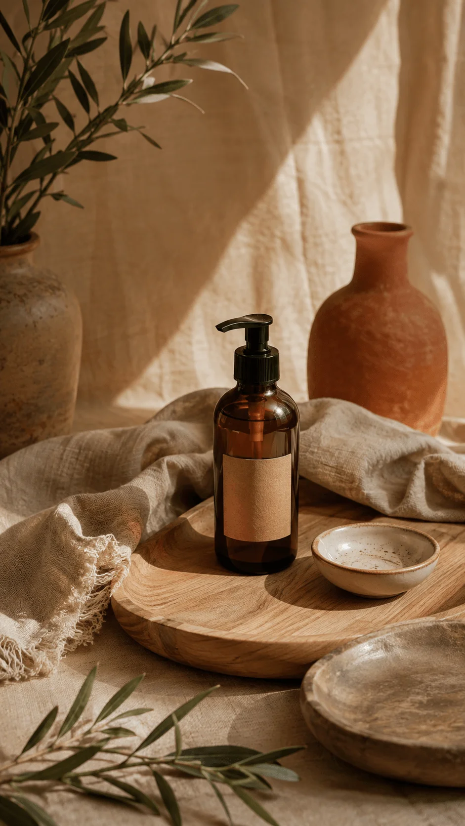 Sustainable earth tone product photography featuring an amber pump bottle with natural linen ceramics wood and olive branches
