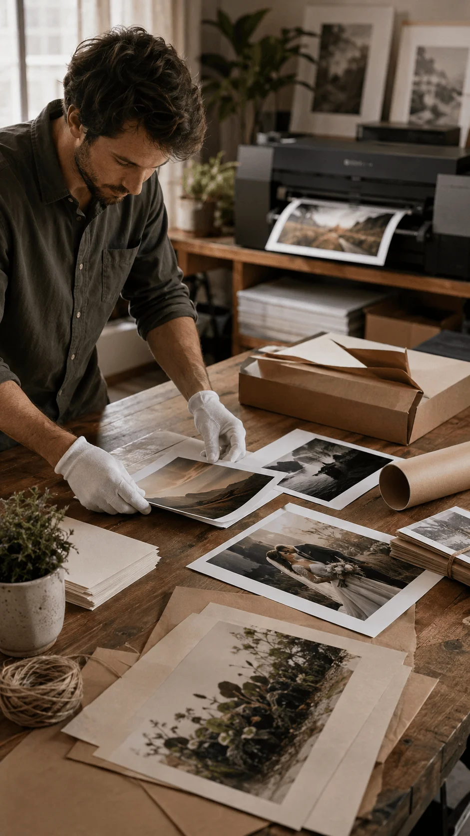 Photographer preparing printed photographs with eco friendly printing materials, recycled paper, printer equipment and sustainable photo production workspace