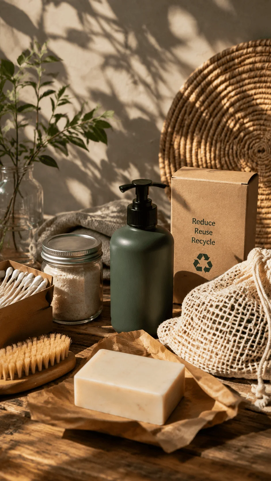 Sustainable product photography showing eco friendly household items with recycled packaging natural materials and reusable products on a wooden surface