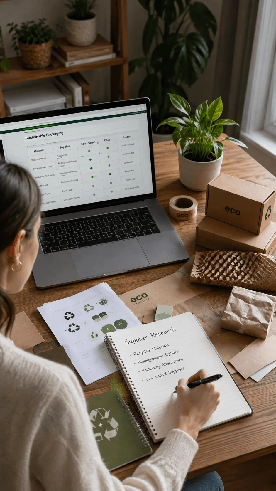 Sustainable product sourcing service researching recycled biodegradable and low impact packaging materials for eco friendly businesses