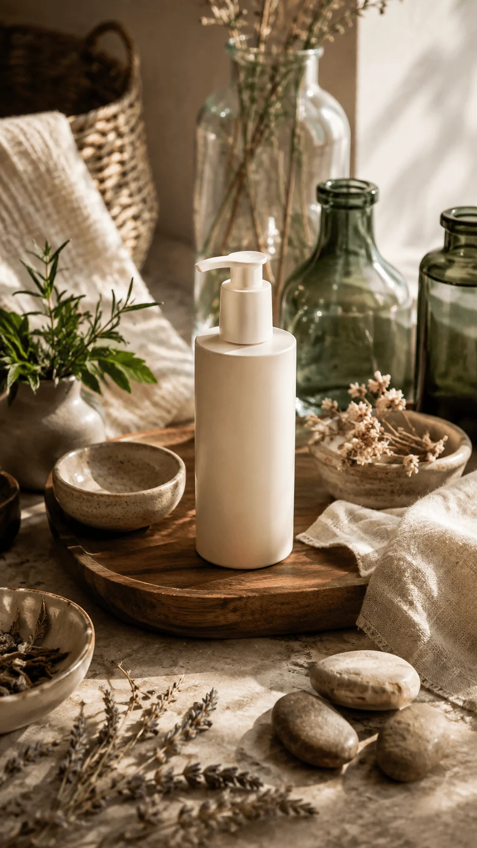 Sustainable product photography setup with minimalist bottle, natural fabrics, ceramic bowls, glass jars, dried plants and earthy styling elements on a wooden surface