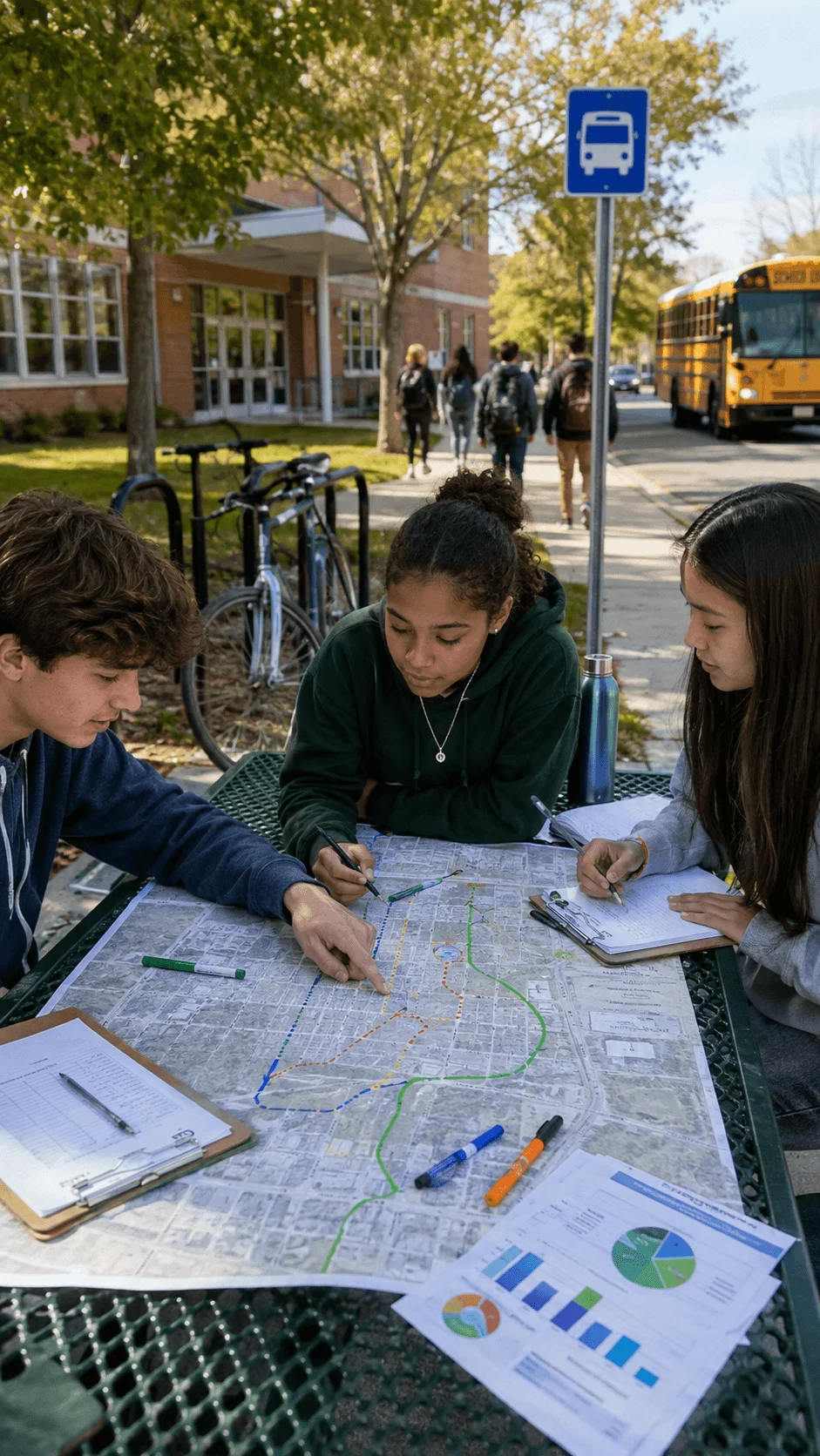 Students creating a sustainable transportation map with walking cycling and public transit routes near their school