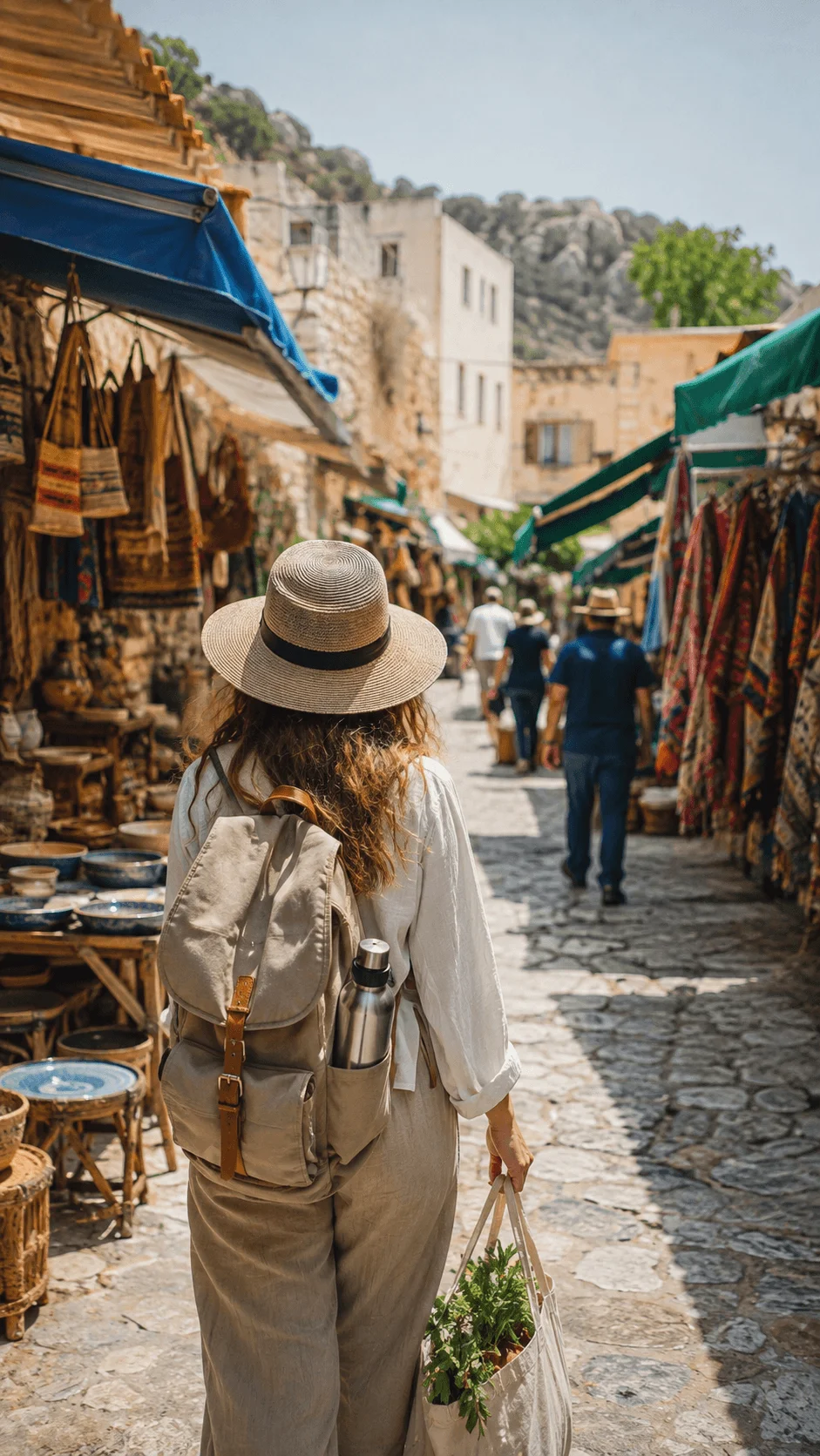 Woman exploring a traditional outdoor market with a reusable backpack, metal water bottle, cloth shopping bag, and sustainable travel essentials.