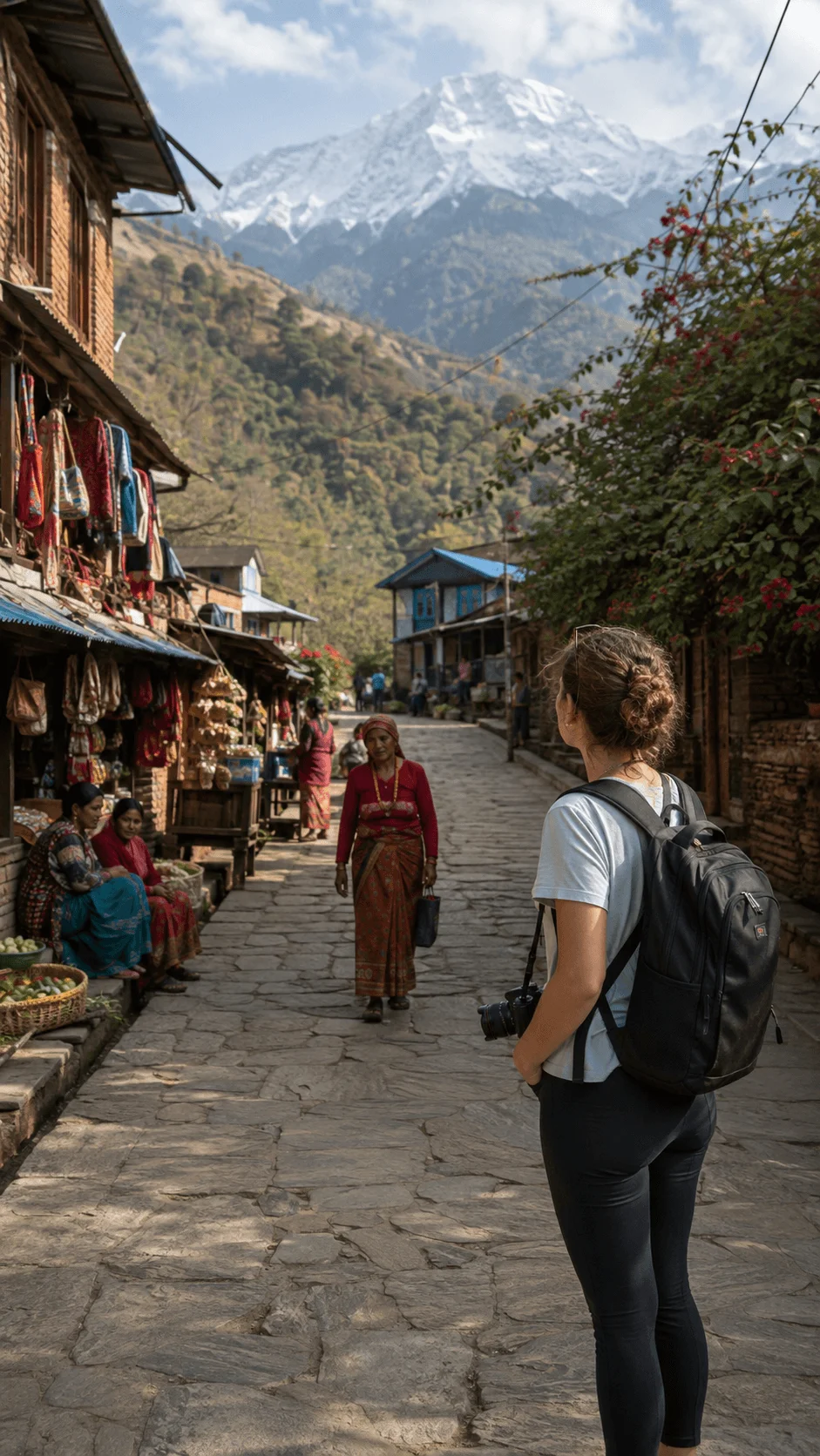 Sustainable travel photography captions showing a traveler with a camera exploring a traditional mountain village with local markets stone pathways and snowy peaks in the background