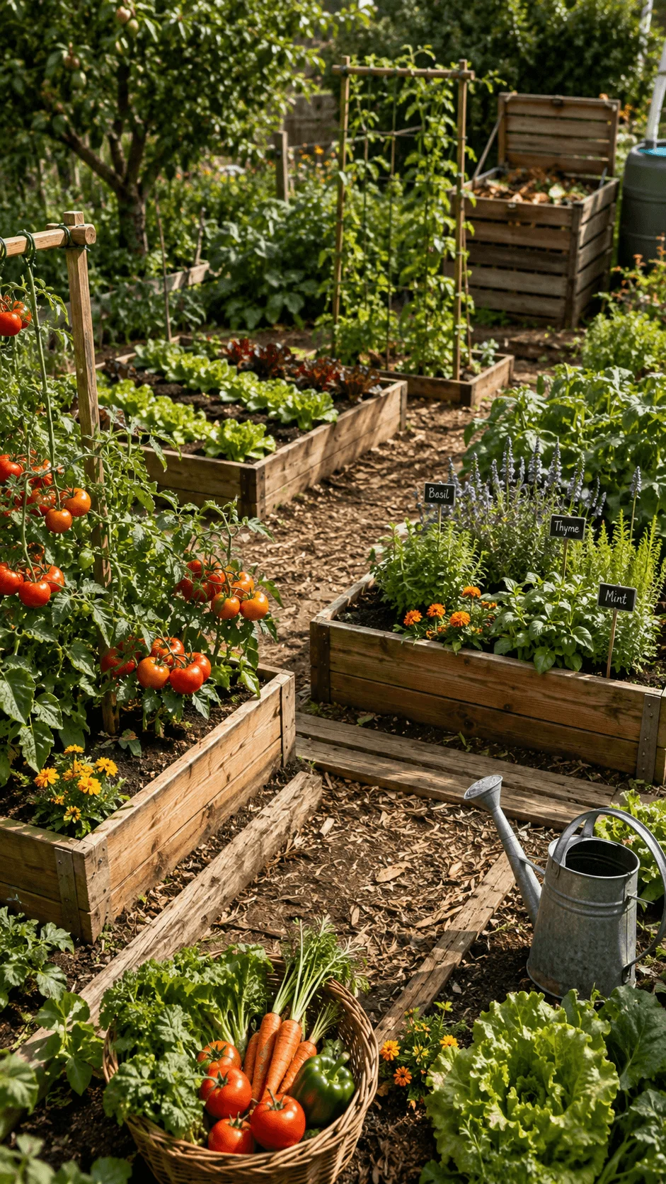 Sustainable vegetable garden with raised wooden beds, tomatoes, lettuce, carrots, herbs, compost bin, fruit tree, watering can and basket of freshly harvested vegetables