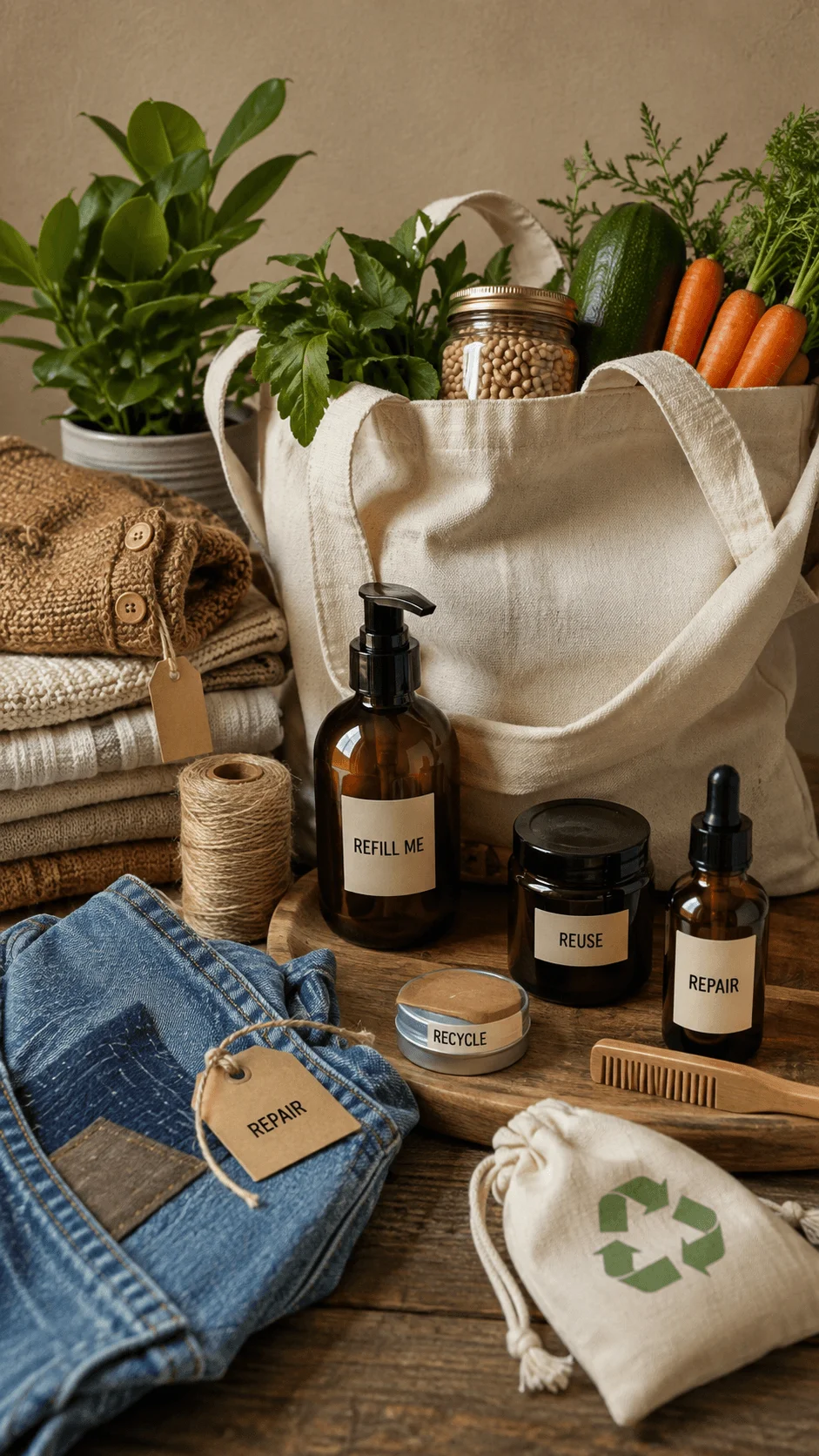 Sustainable circular economy lifestyle featuring reusable containers repaired clothing refillable bottles fresh produce and eco friendly shopping bags