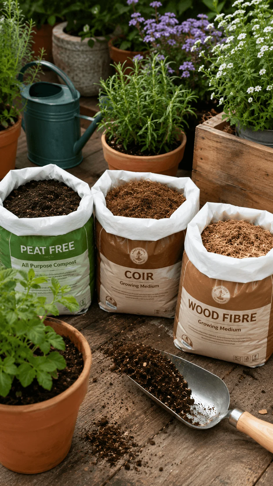 Peat free gardening setup with compost coir and wood fibre growing media potted herbs flowers watering can and garden scoop