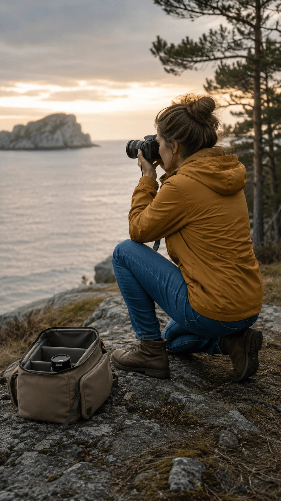 Photographer using one camera lens to capture a coastal landscape at sunset beside an open camera bag on rocky ground