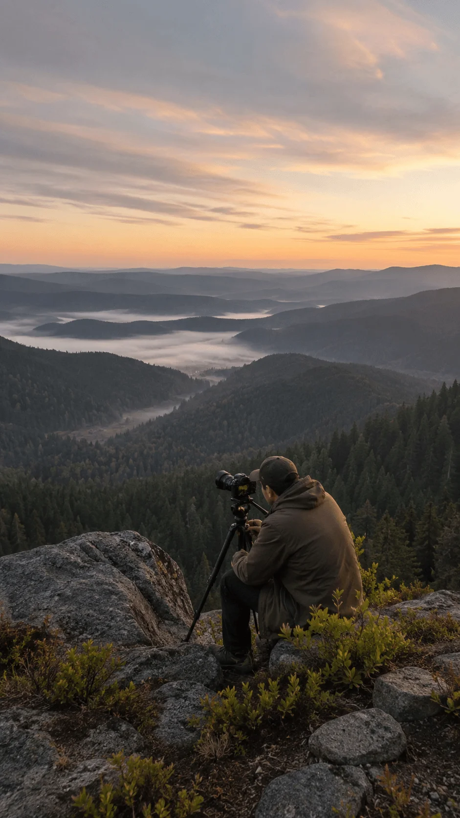 Landscape photographer using a tripod on a rocky mountain viewpoint above a misty forest valley at sunset