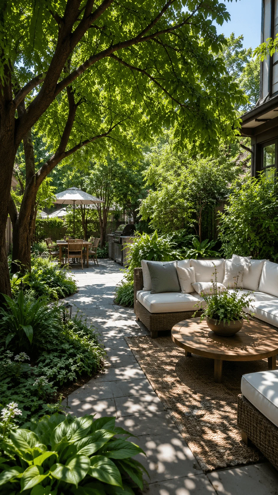 Thermal garden design with mature shade trees lush greenery comfortable outdoor seating and a cool shaded patio for hot weather