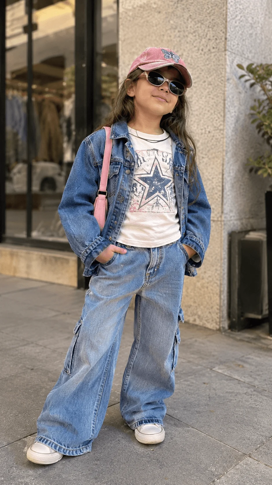 Young girl wearing a denim jacket and wide leg jeans with a graphic T shirt pink cap sunglasses pink backpack and white sneakers outdoors