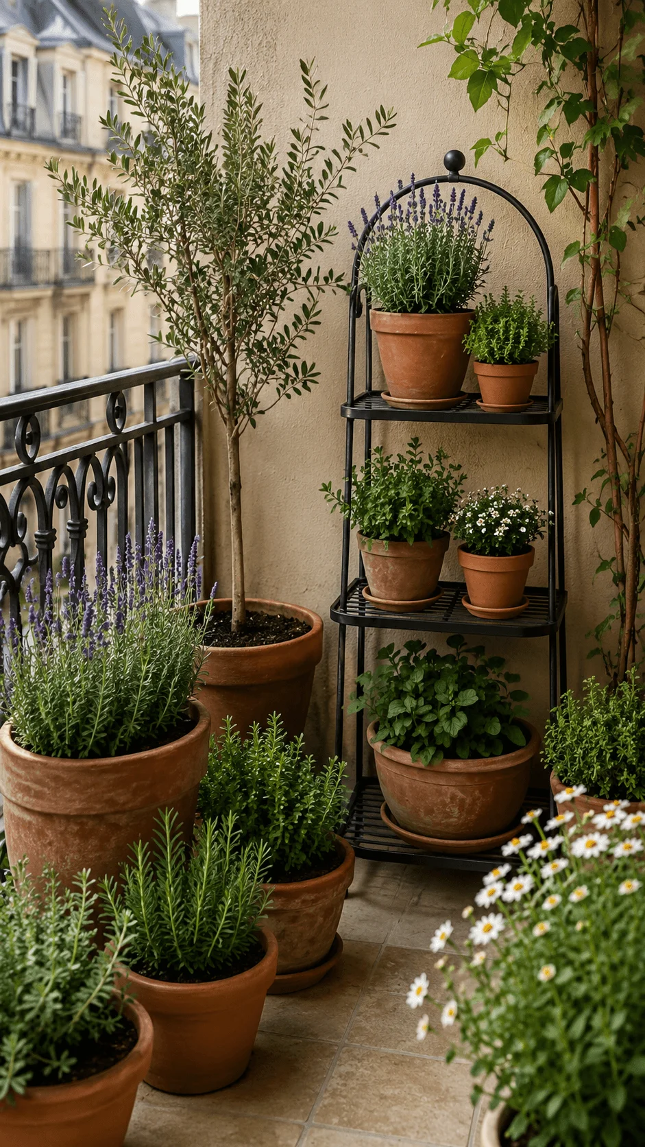 Tiny French courtyard inspired apartment balcony garden with terracotta pots lavender rosemary herbs olive tree climbing greenery and white flowers