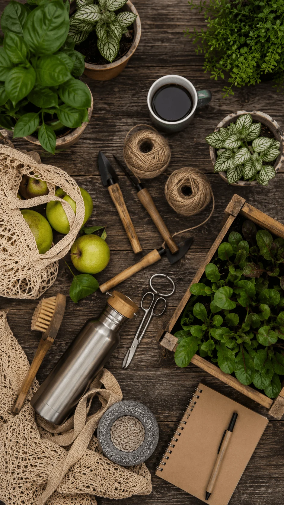 Top down view of sustainable living items on a rustic wooden table, including potted plants, fresh produce, gardening tools, reusable fabric bags, a metal water bottle, twine, scissors, seeds, and a notebook.