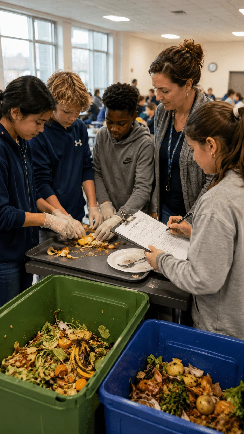 Students tracking school food waste and sorting leftovers into compost bins while recording observations with a teacher