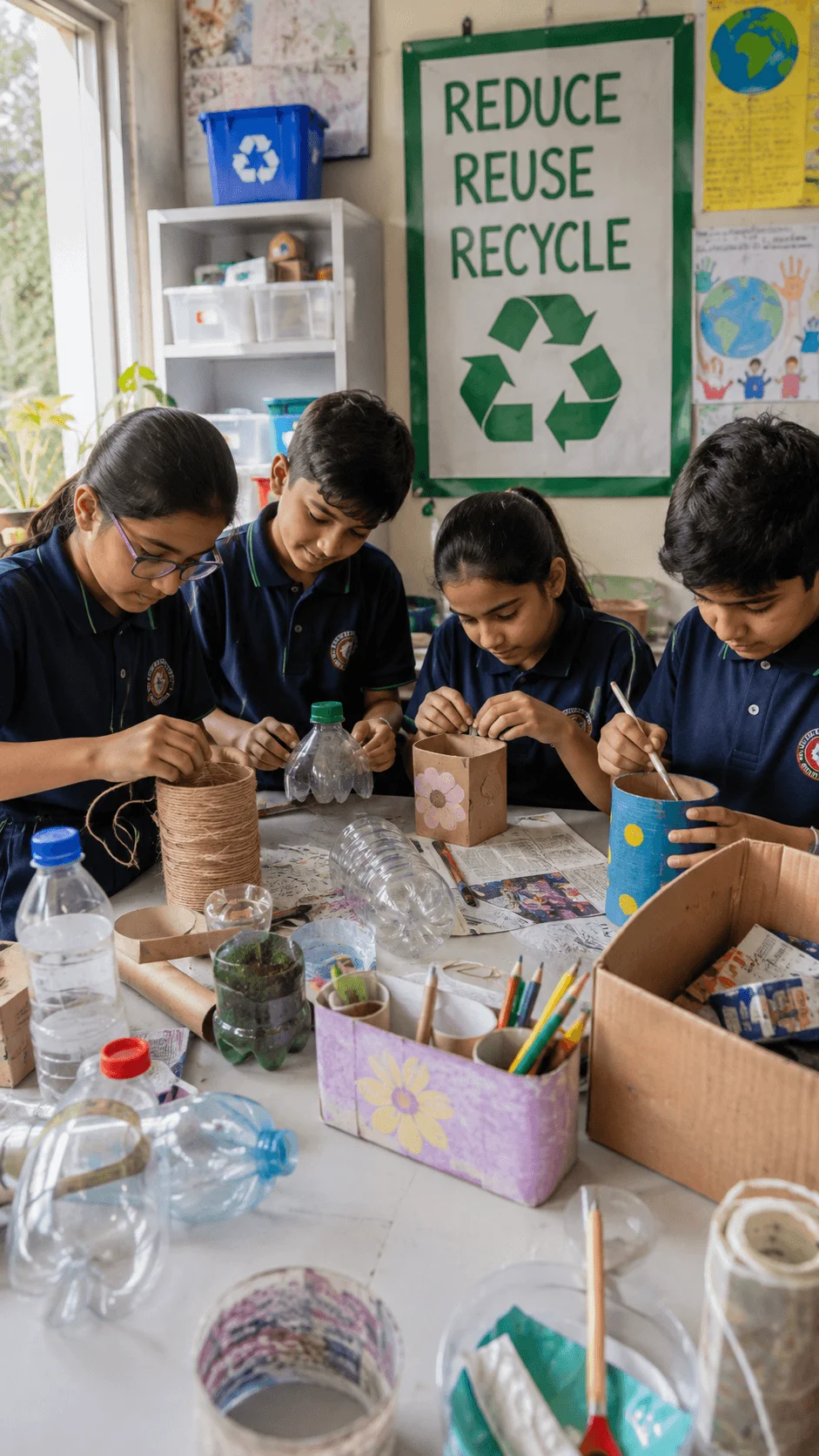 Students creating useful crafts from recycled plastic bottles cardboard and other discarded materials during a trash to treasure challenge