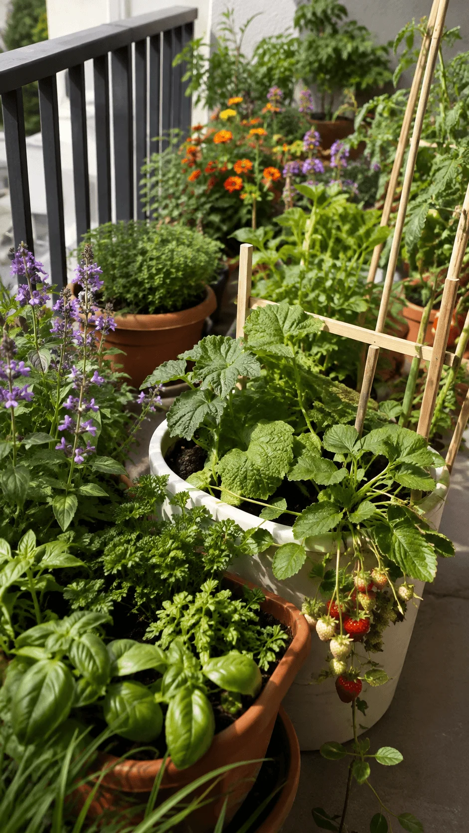 Home foodscaping garden with strawberries herbs vegetables and colorful flowers growing in containers