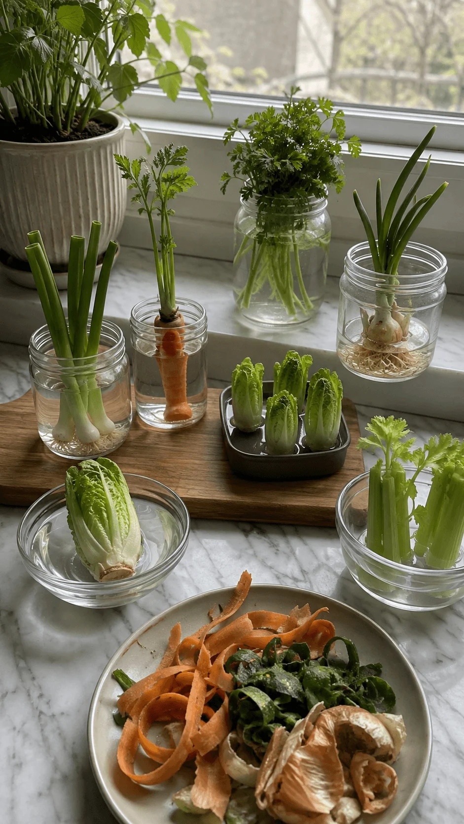 Kitchen scrap gardening with regrown green onions, carrots, lettuce, celery, and herbs in glass jars and bowls by a sunny window