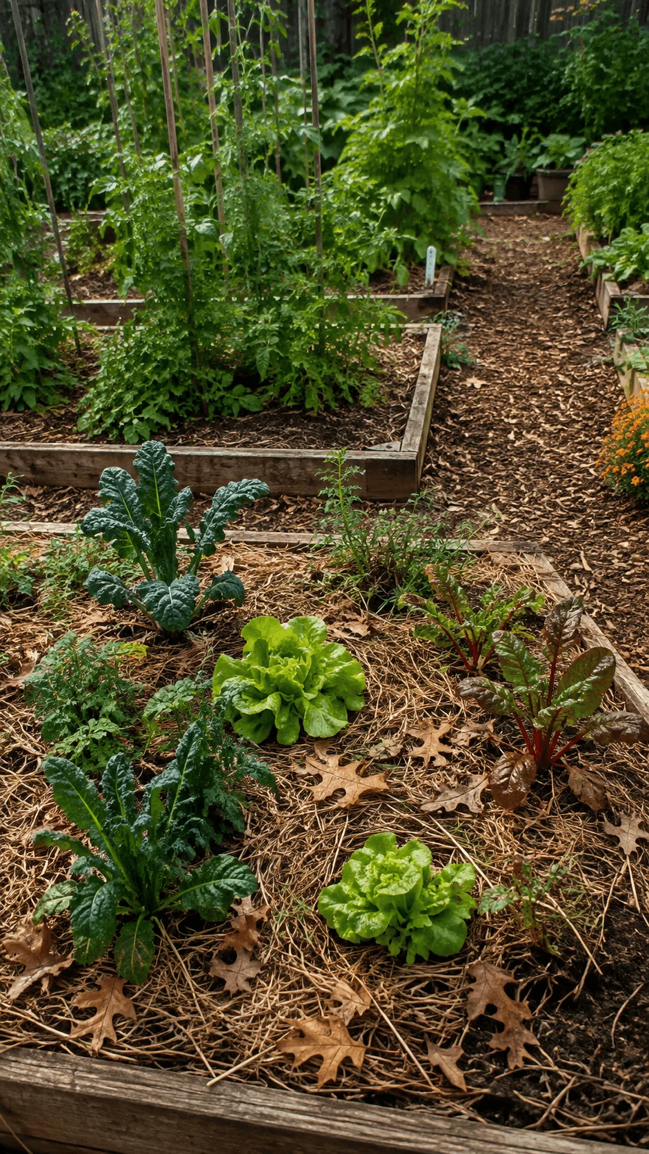 Regenerative no dig garden with raised vegetable beds, leafy greens, tomatoes, natural straw mulch, fallen leaves, and wood chip pathways