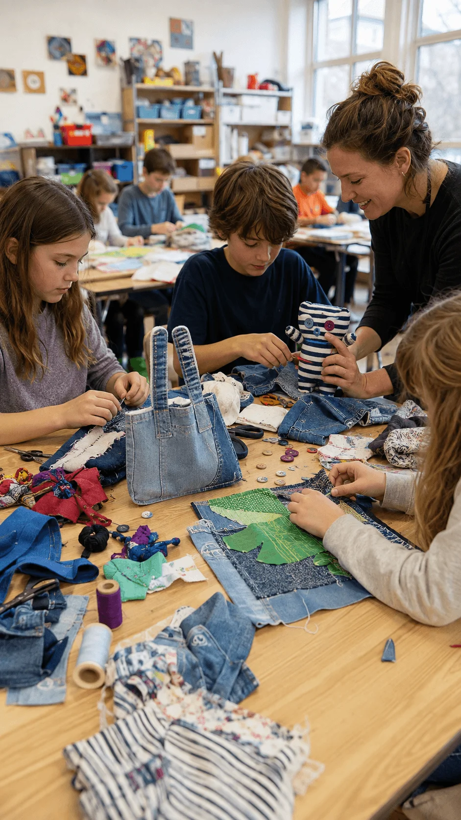Students creating upcycled fashion projects from old denim fabric clothing scraps buttons and reusable textiles in a classroom with teacher guidance