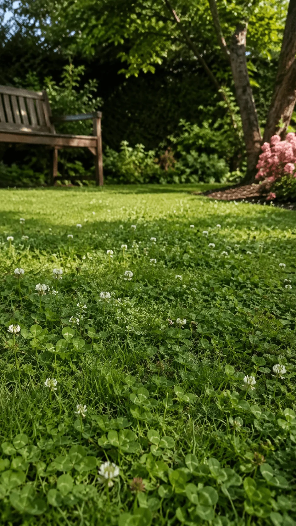 Clover lawn with white blossoms lush green ground cover mature trees garden bench and pink flowering plants