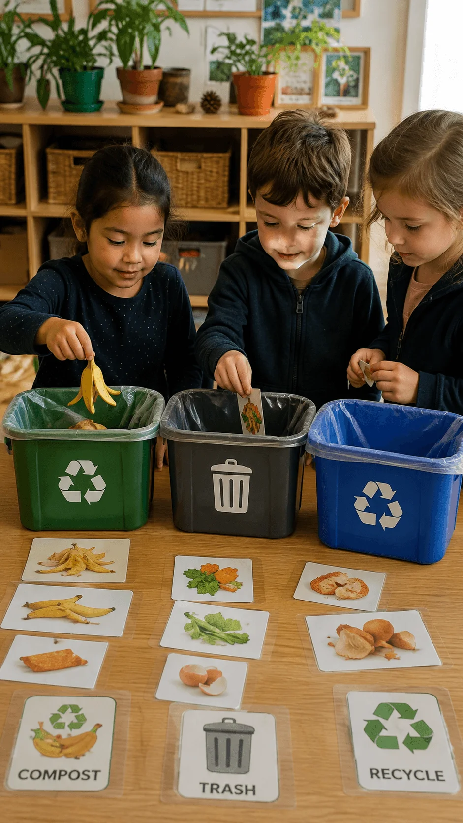 Children sorting food scraps into compost, trash and recycling bins as part of a classroom compost sorting activity