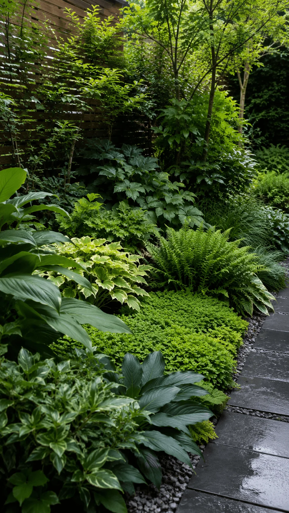 Green sustainable shade garden with layered foliage, ferns, hostas, ground cover plants, small trees, and a dark stone pathway