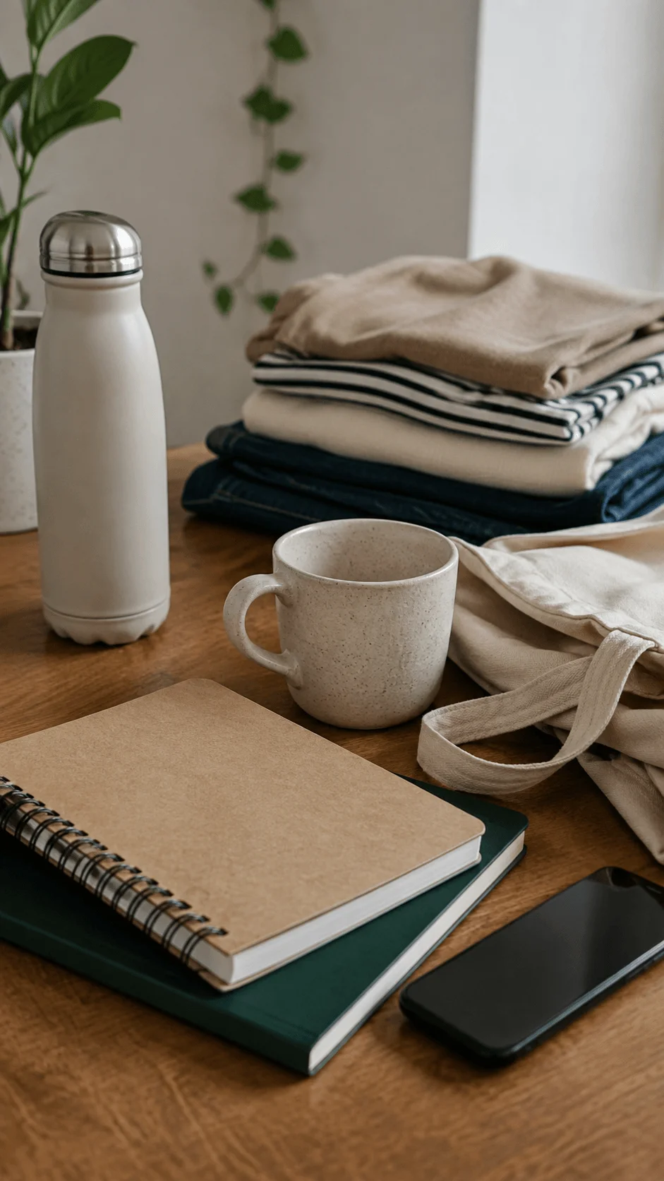 Reusable water bottle tote bag notebooks mug and folded clothes representing a low buy sustainable lifestyle