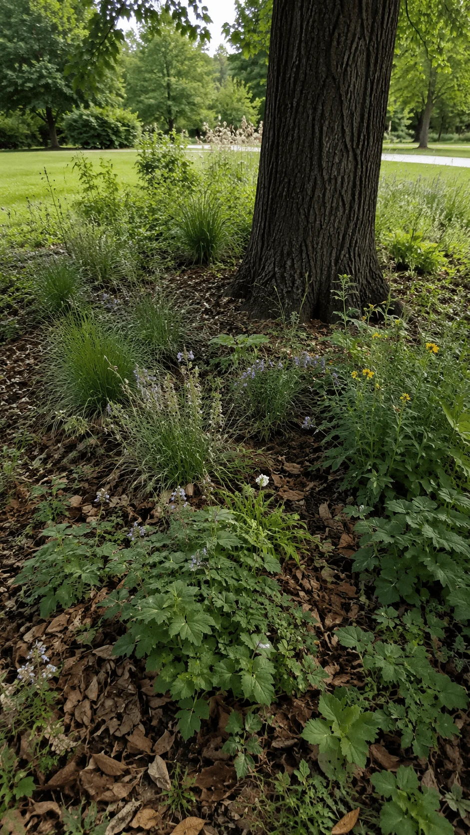 Rewilded tree ring garden with native plants ornamental grasses wildflowers fallen leaves and natural groundcover around a mature tree