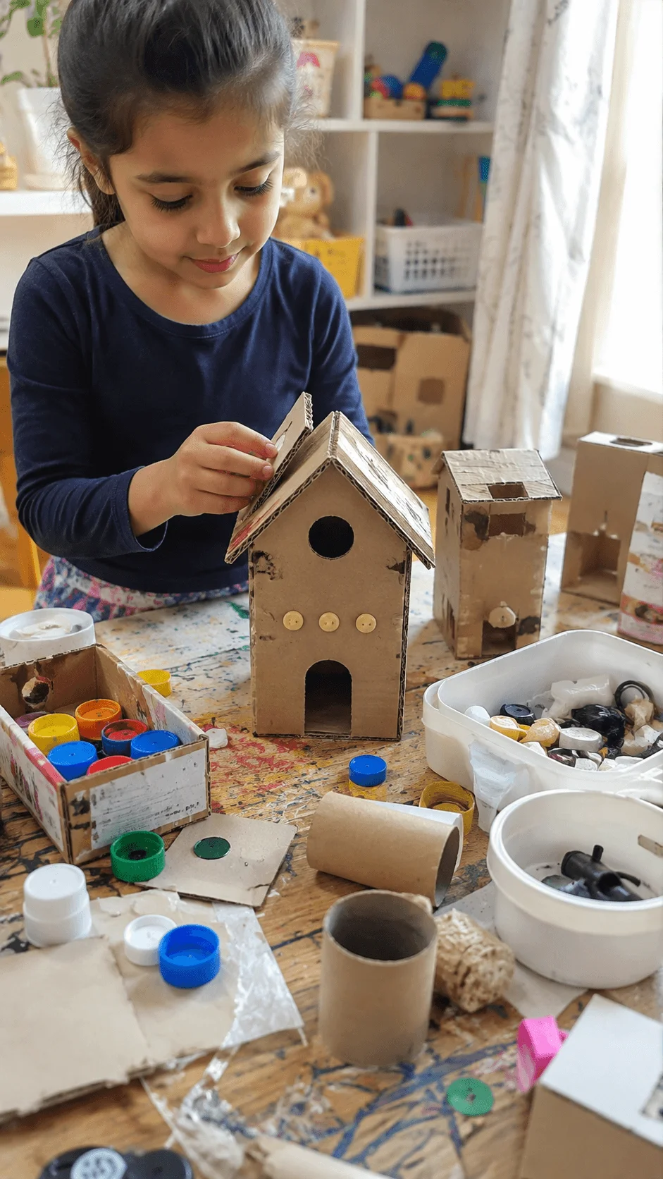 Child creating a cardboard birdhouse from recycled materials during a trash to treasure design challenge
