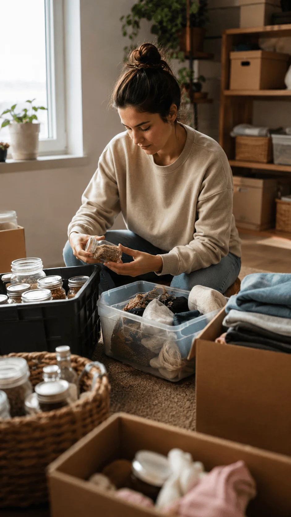 Woman organizing jars, fabric scraps, and household materials for a use what you have challenge in a cozy home setting
