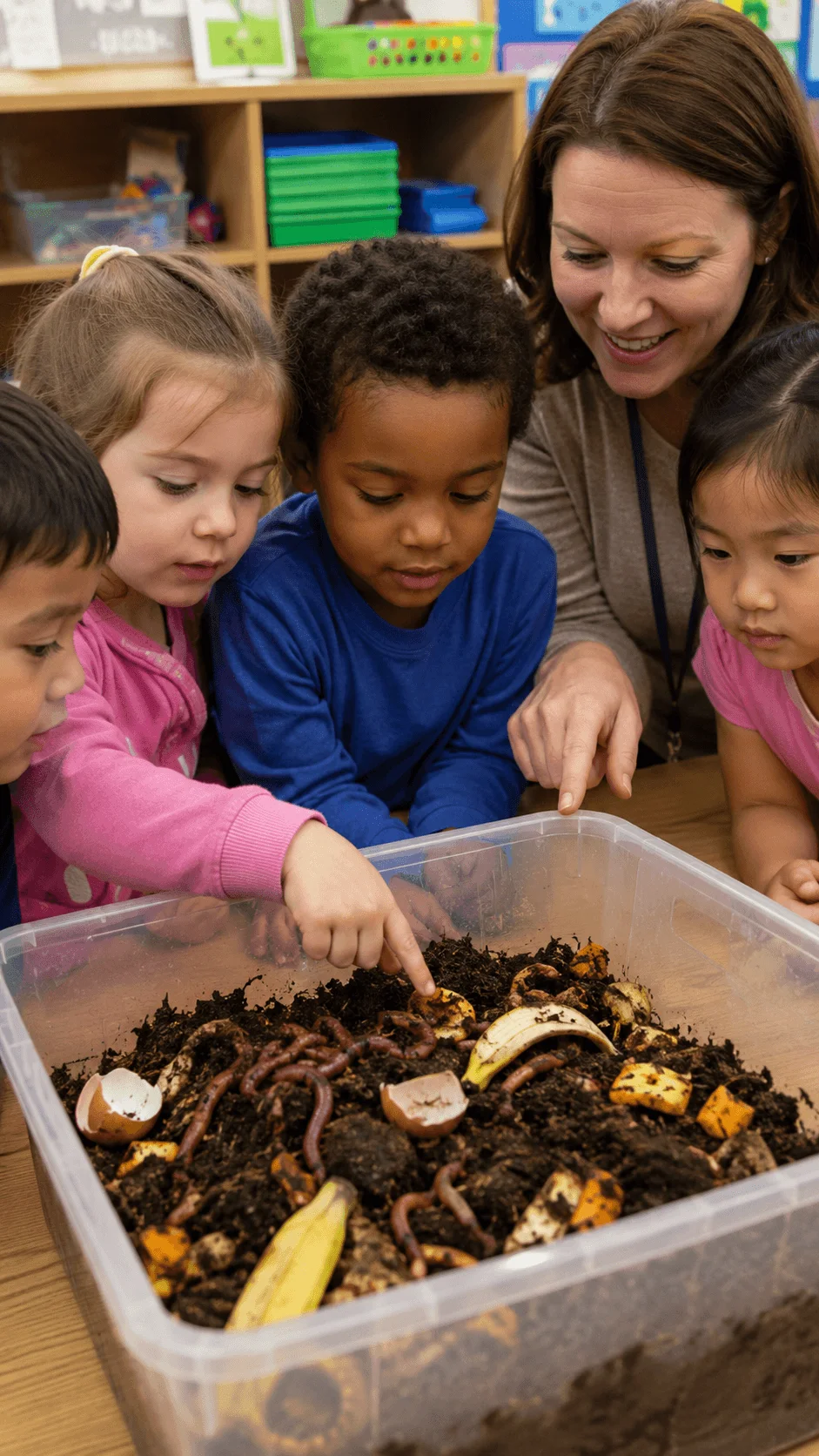 Children observing worms and food scraps in a classroom worm composting bin with their teacher