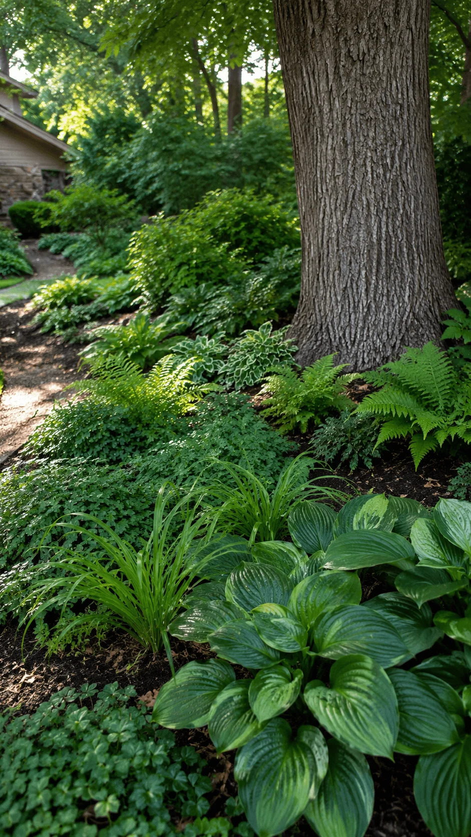 Green on green garden around a mature tree with hostas ferns ornamental grasses and lush shade tolerant groundcover