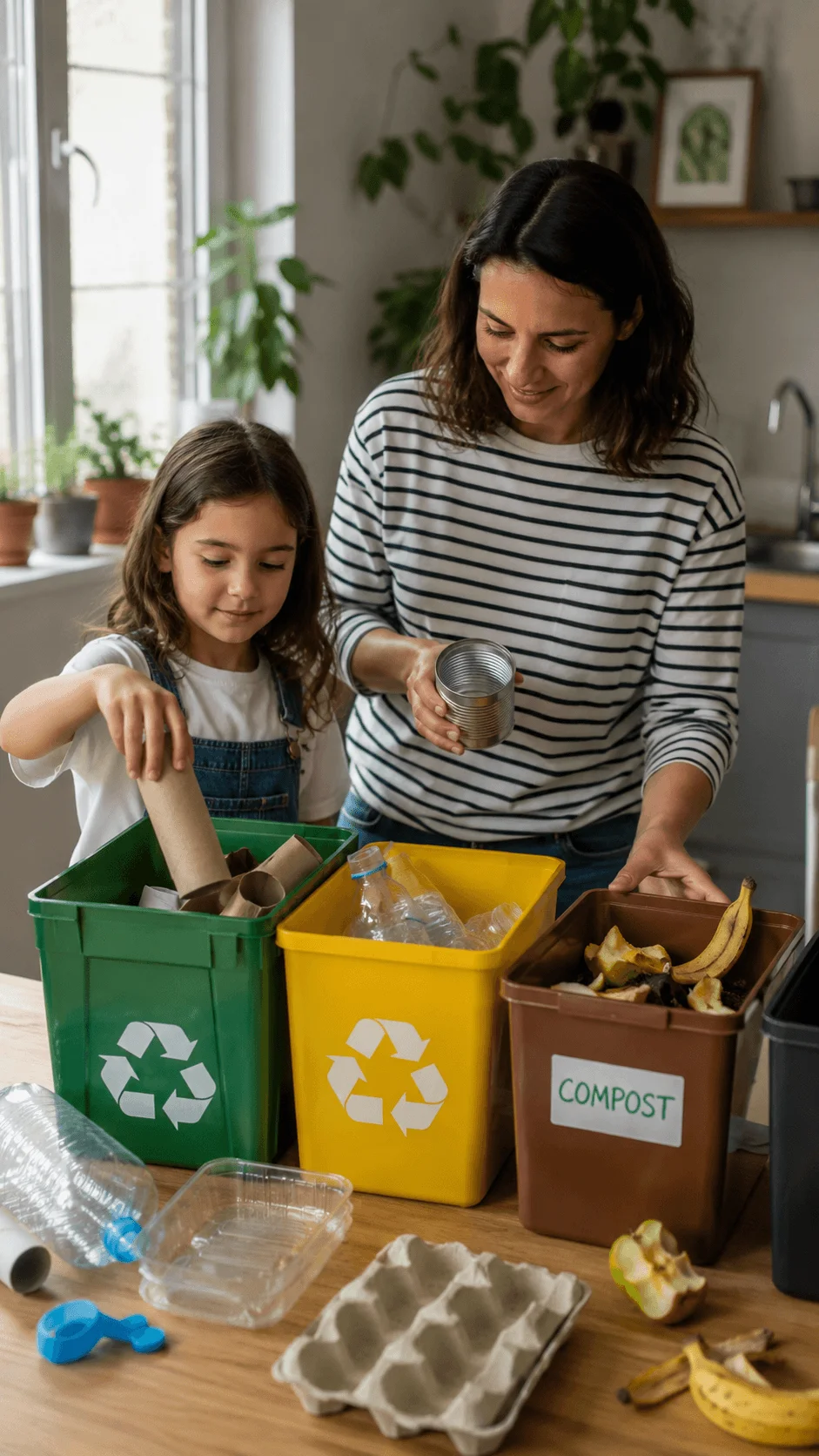 Mother and child sorting household waste into recycling and compost bins together as a fun sustainability activity