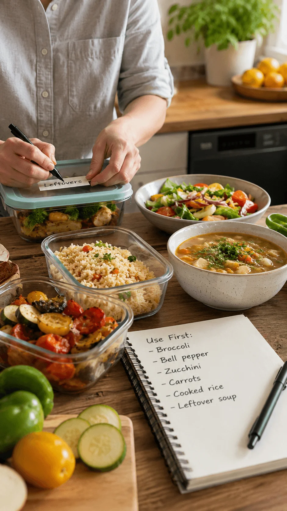 Person organizing leftovers into reusable containers and planning meals to reduce food waste