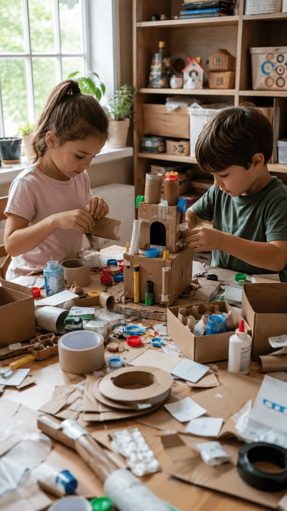 Children creating an inventor lab from recycled cardboard packaging, bottle caps, tubes and other reused materials on a craft table