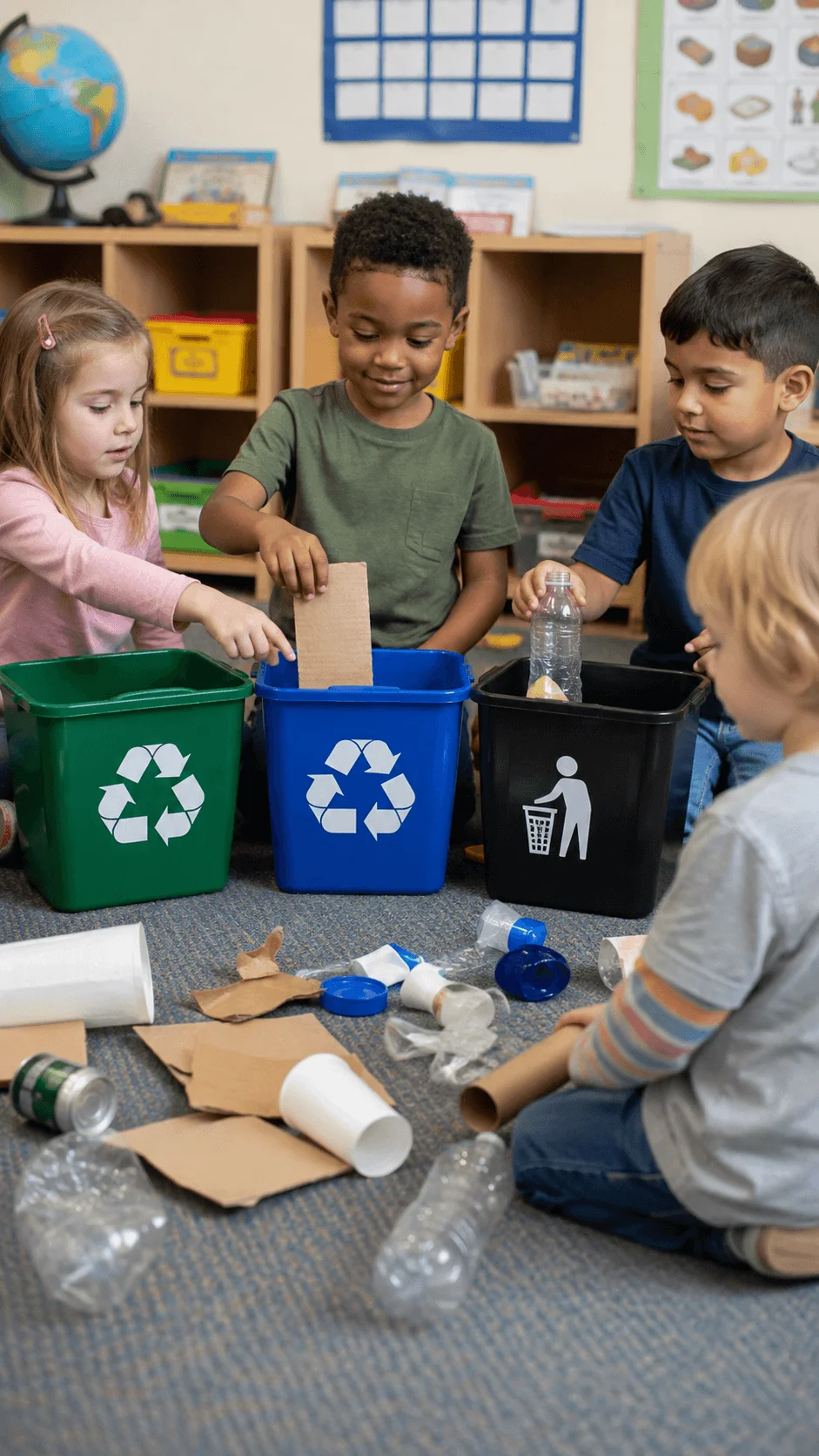 Children playing a classroom recycling sorting game by placing paper plastic and other waste into labeled recycling bins