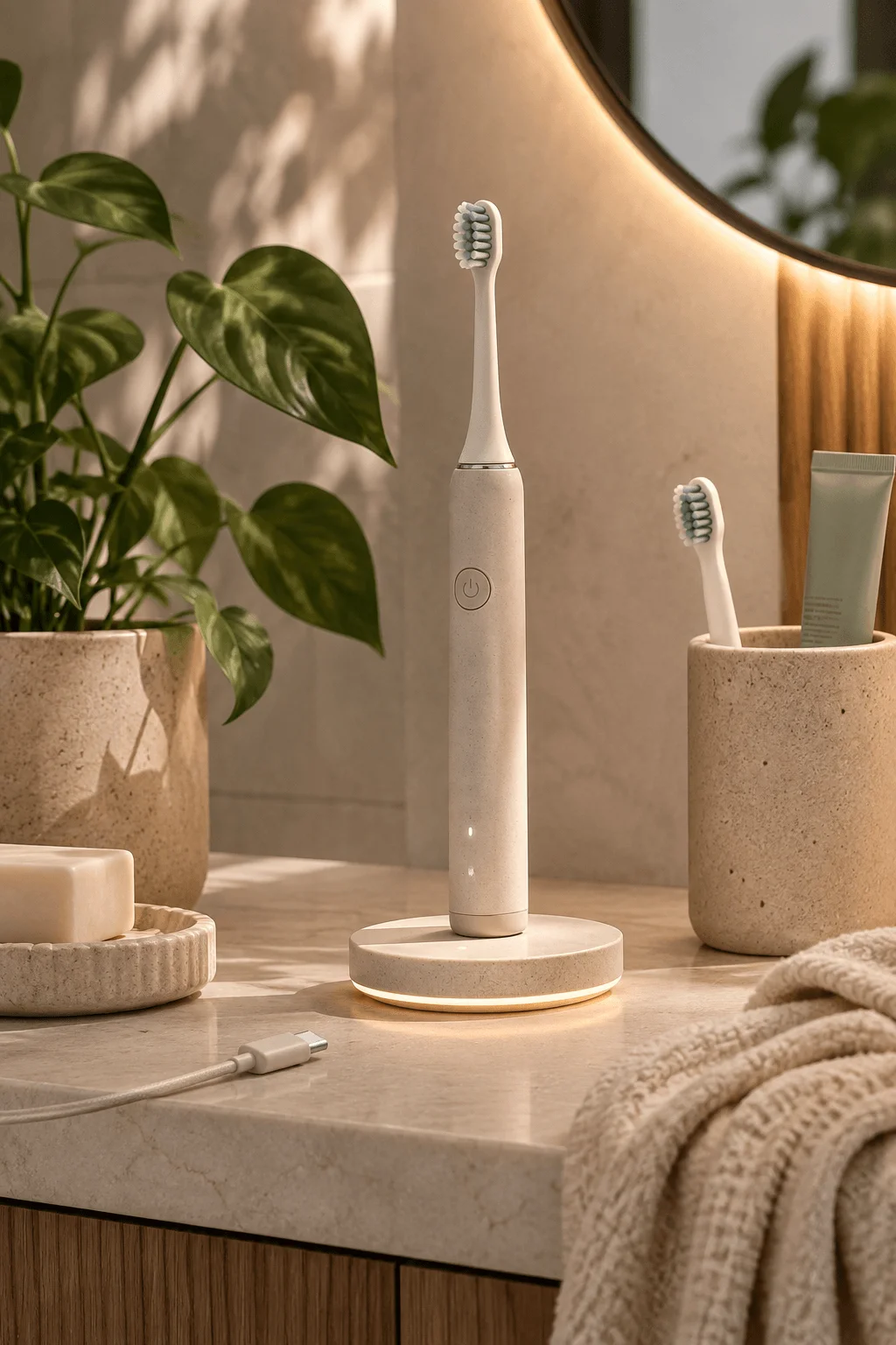 USB C and wireless charging electric toothbrush on a charging base with replacement brush head in a warm minimalist bathroom