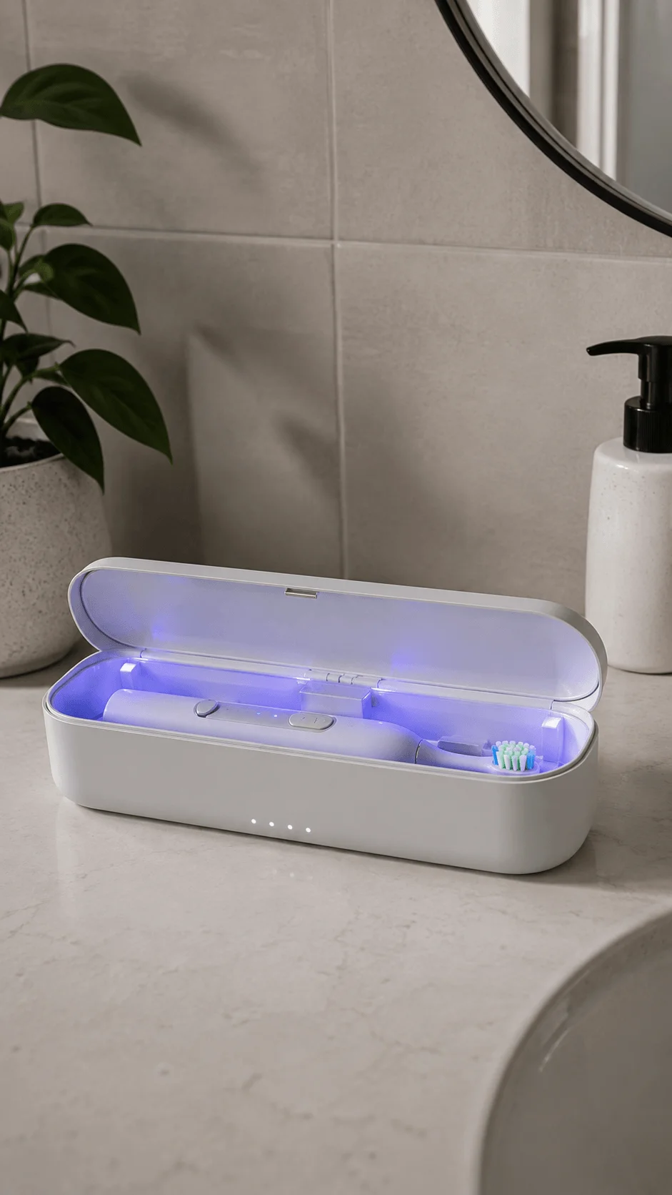 UV cleaning and charging case with electric toothbrush inside glowing blue sanitizing light on a modern bathroom counter