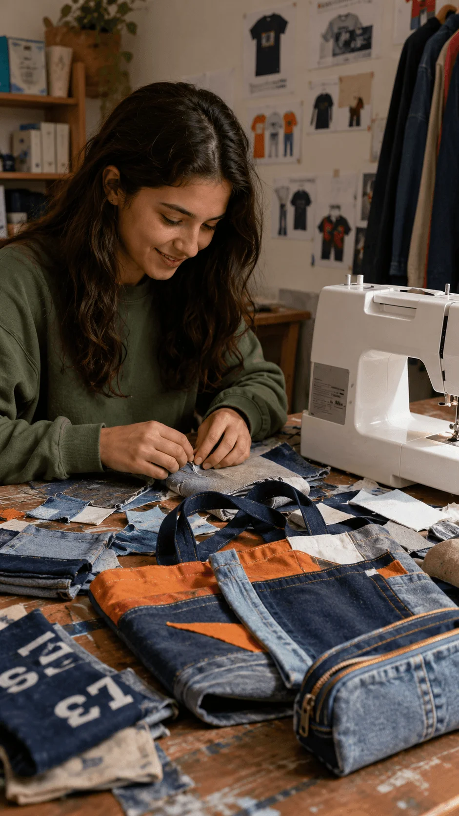 Upcycled campus merchandise made from reused denim fabric by a student using sustainable sewing techniques
