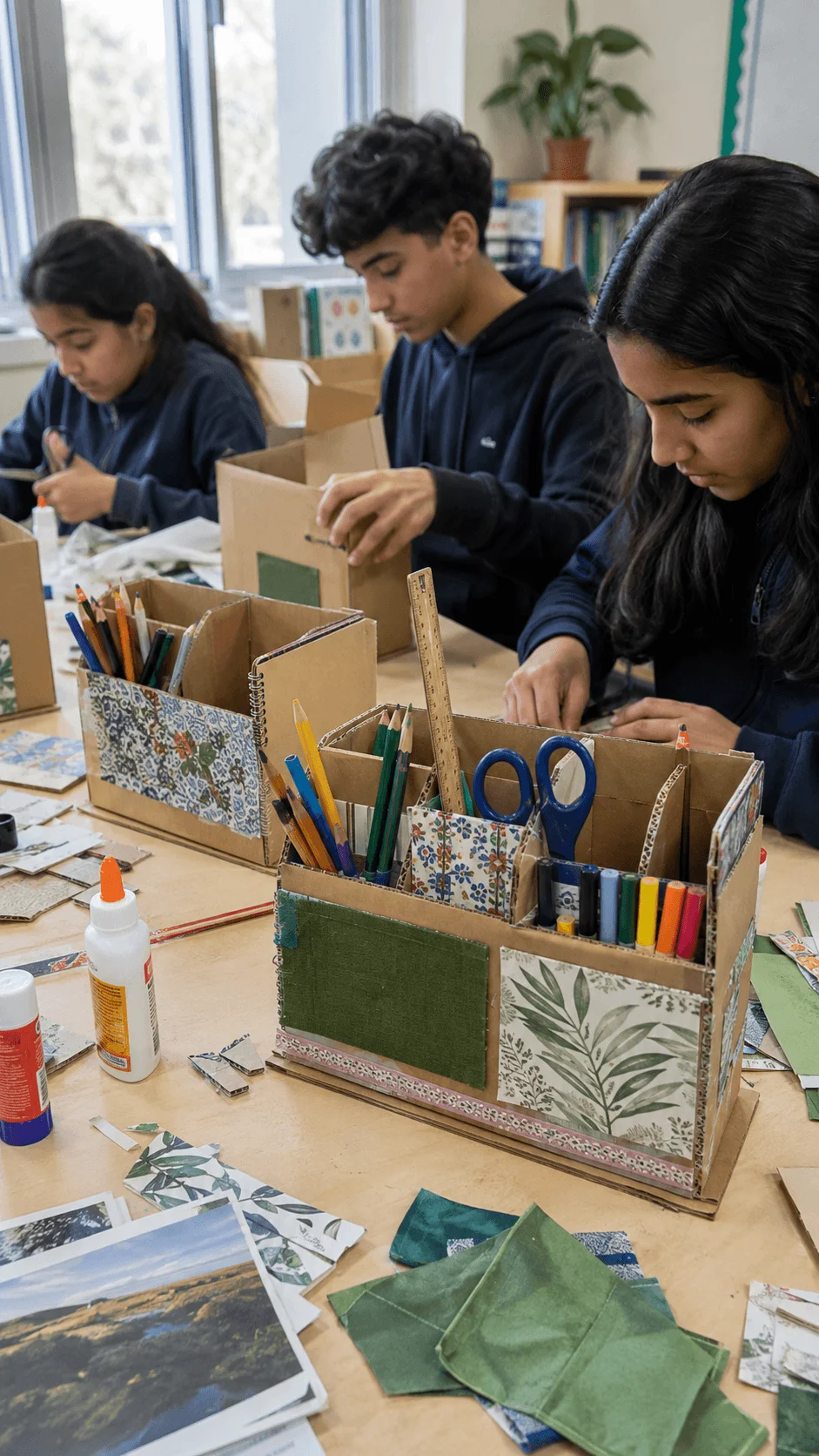 Students creating upcycled cardboard desk organizers with recycled materials and craft supplies in a classroom