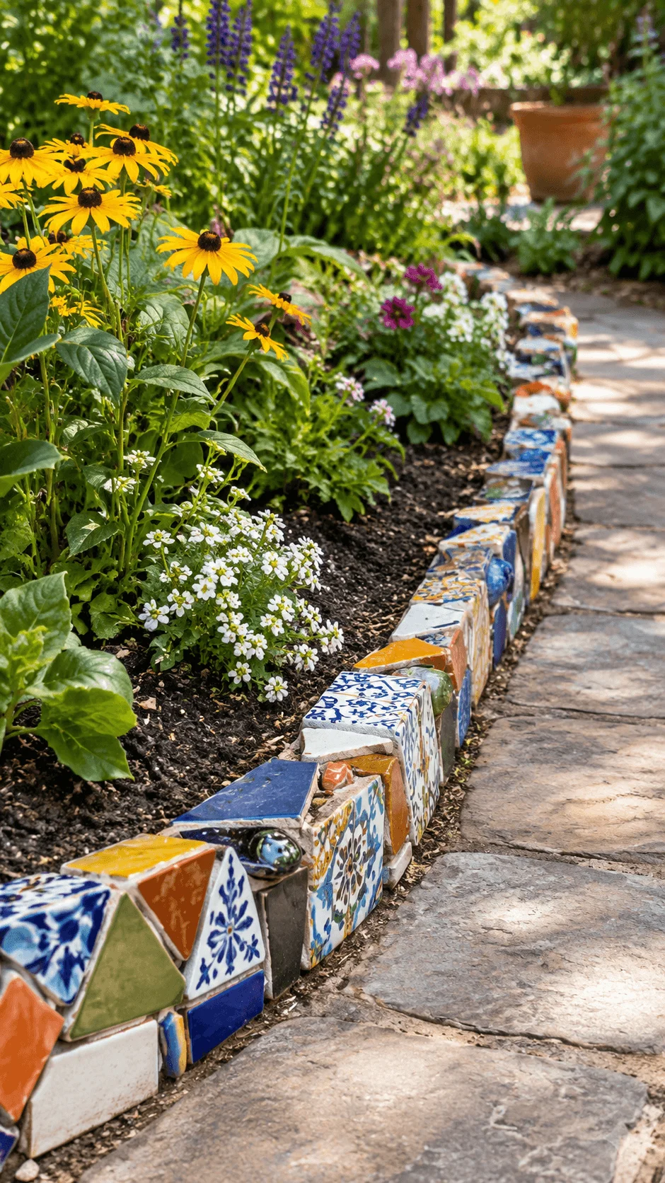 Upcycled ceramic and tile garden border with colorful mosaic pieces yellow flowers purple blooms and a stone pathway