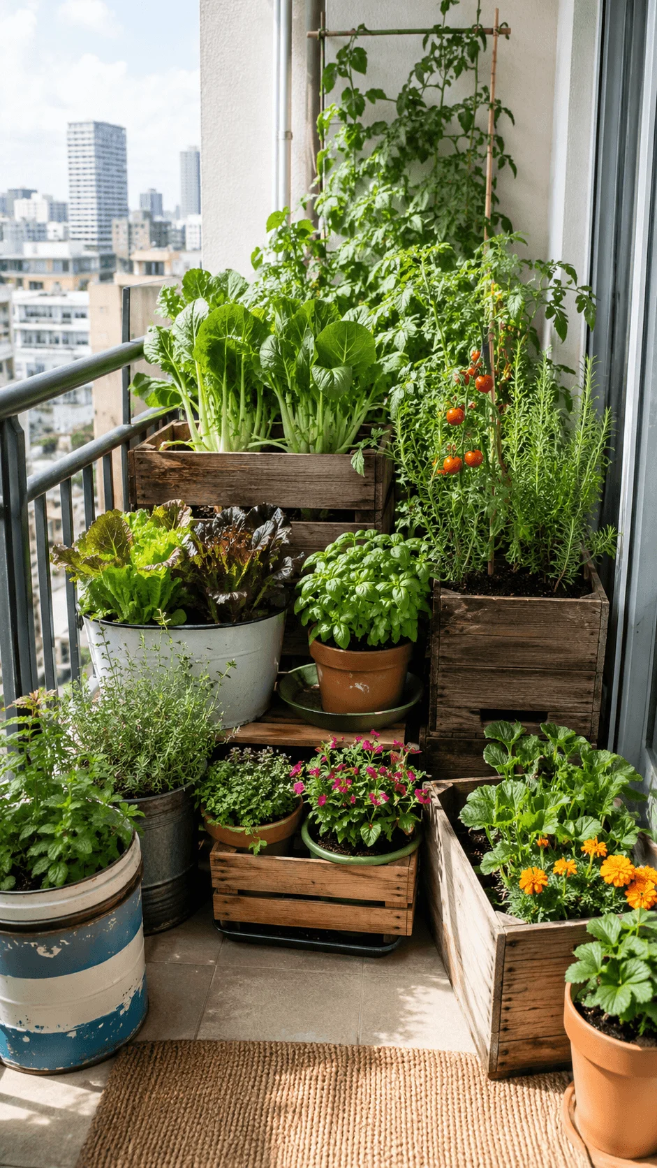 Upcycled apartment balcony container garden with leafy greens tomatoes herbs flowers wooden crates and reused pots overlooking a city view
