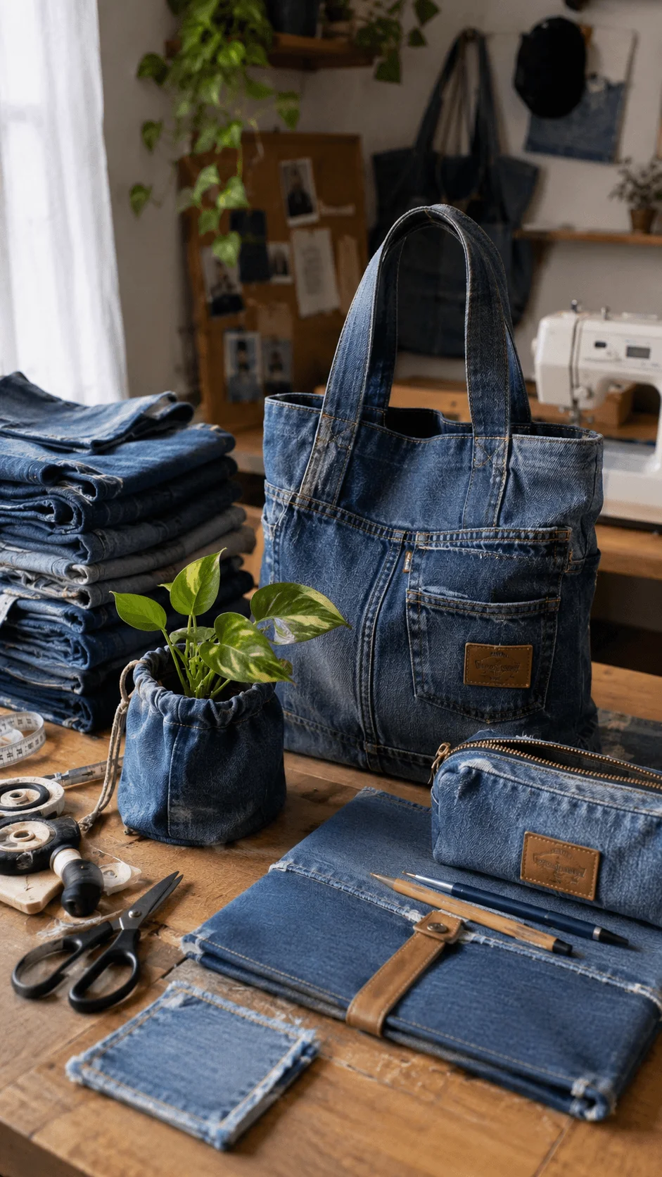 Upcycled denim business from home with handmade tote bag pouch plant holder and accessories made from old jeans