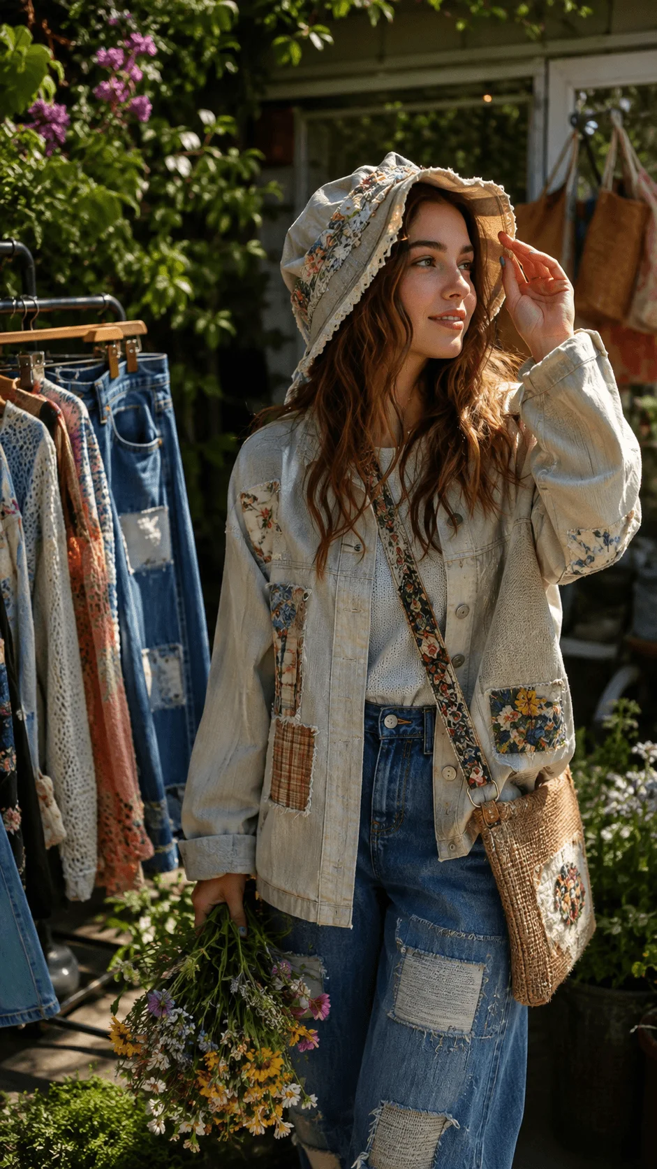 Woman wearing creative upcycled fashion with patchwork denim, a floral jacket, matching hat, woven bag, and fresh wildflowers.