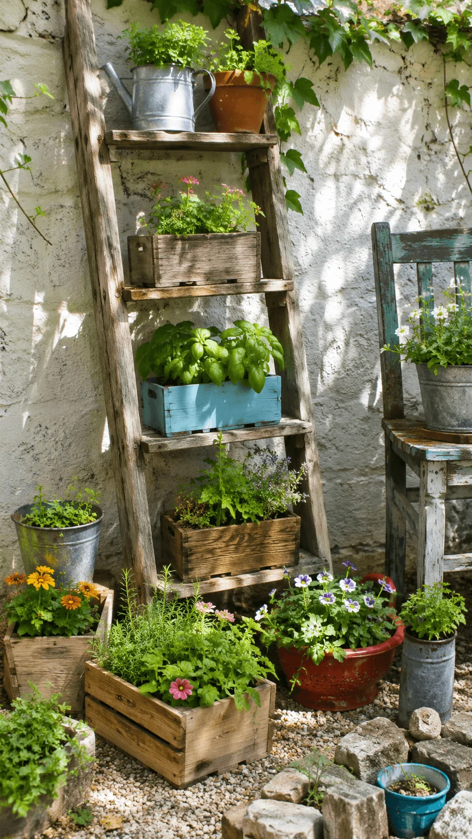 Upcycled garden with wooden ladder planters, reused crates, metal containers, herbs, colorful flowers, climbing vines and a rustic chair