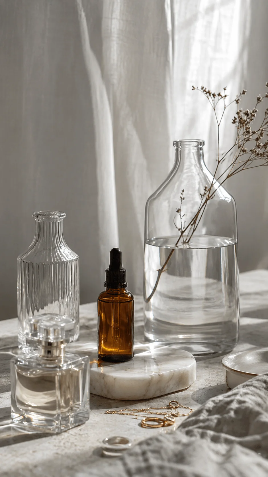 Upcycled glass photography props featuring clear glass bottles, an amber dropper bottle, a marble base, dried flowers, and soft natural light for creative styling