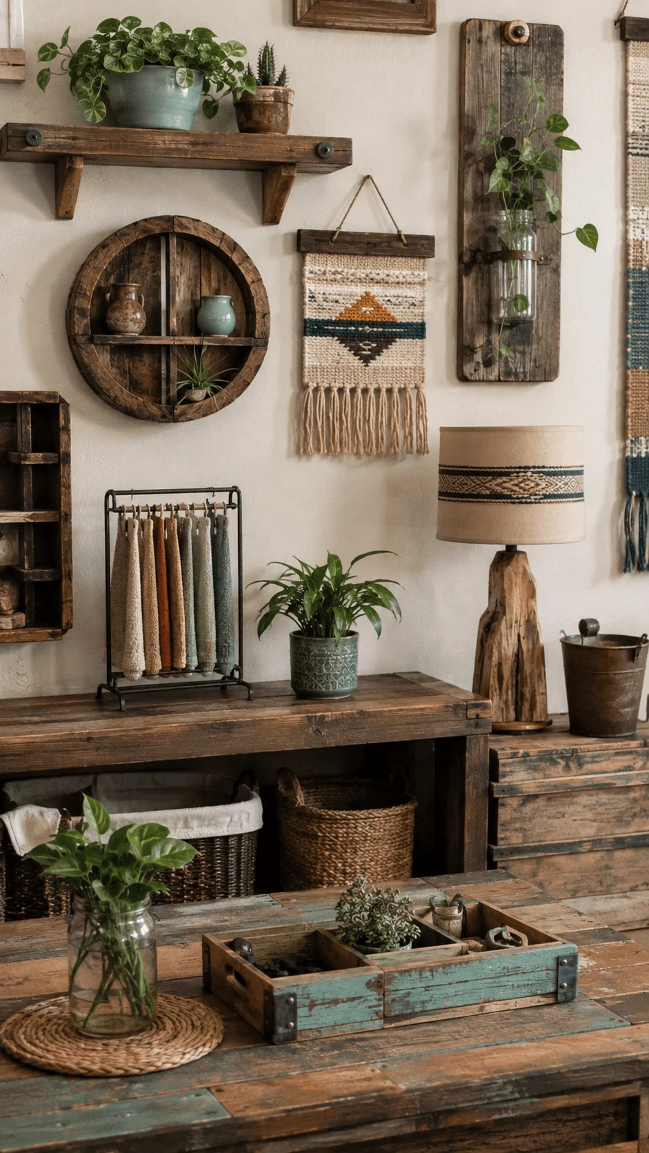 Upcycled home decor business featuring reclaimed wood furniture woven wall hangings recycled planters and handmade sustainable decorations