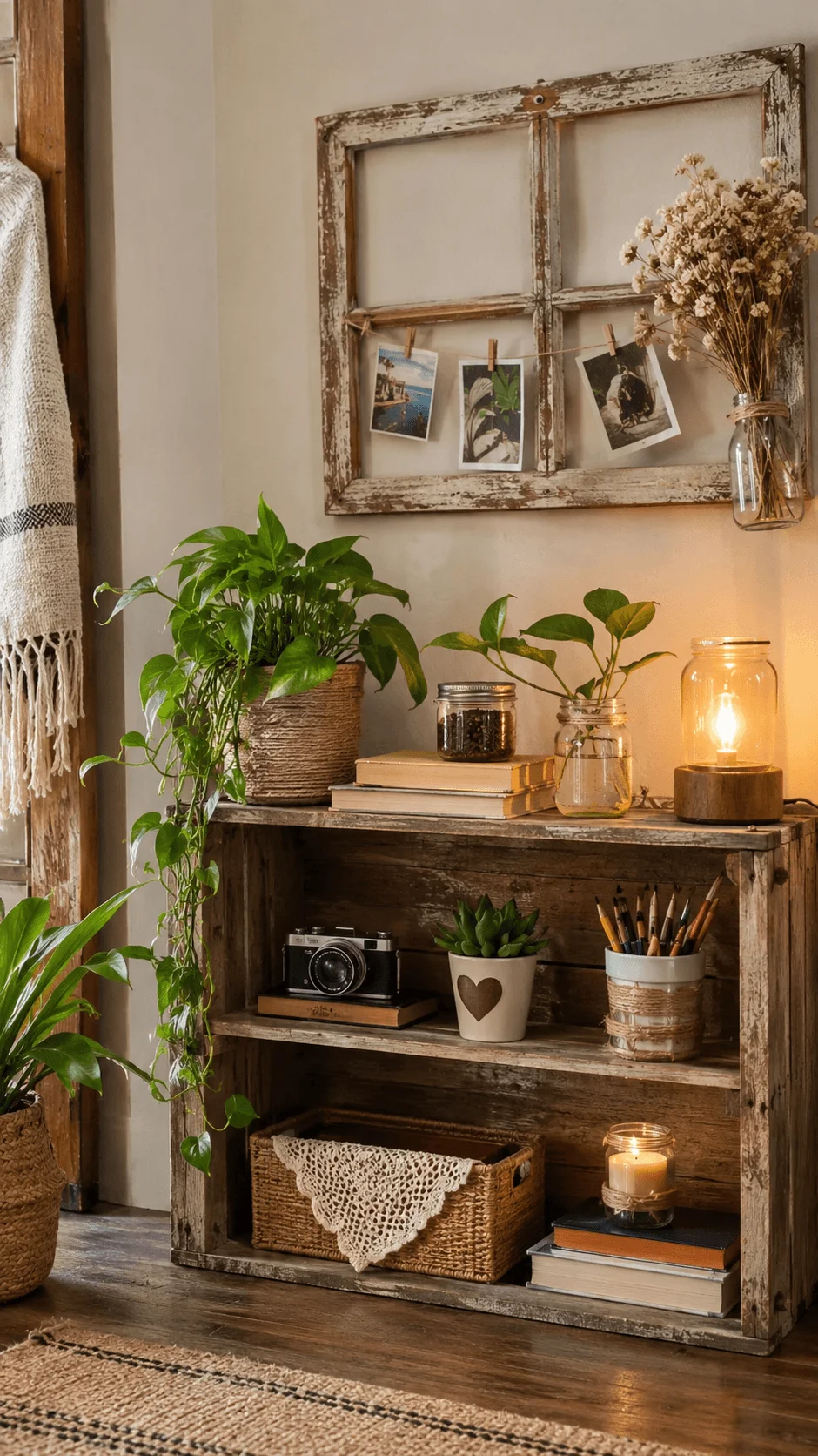 Upcycled home decor featuring a reclaimed wooden shelf, vintage window frame photo display, glass jar planters, woven baskets, recycled containers, candles and indoor plants