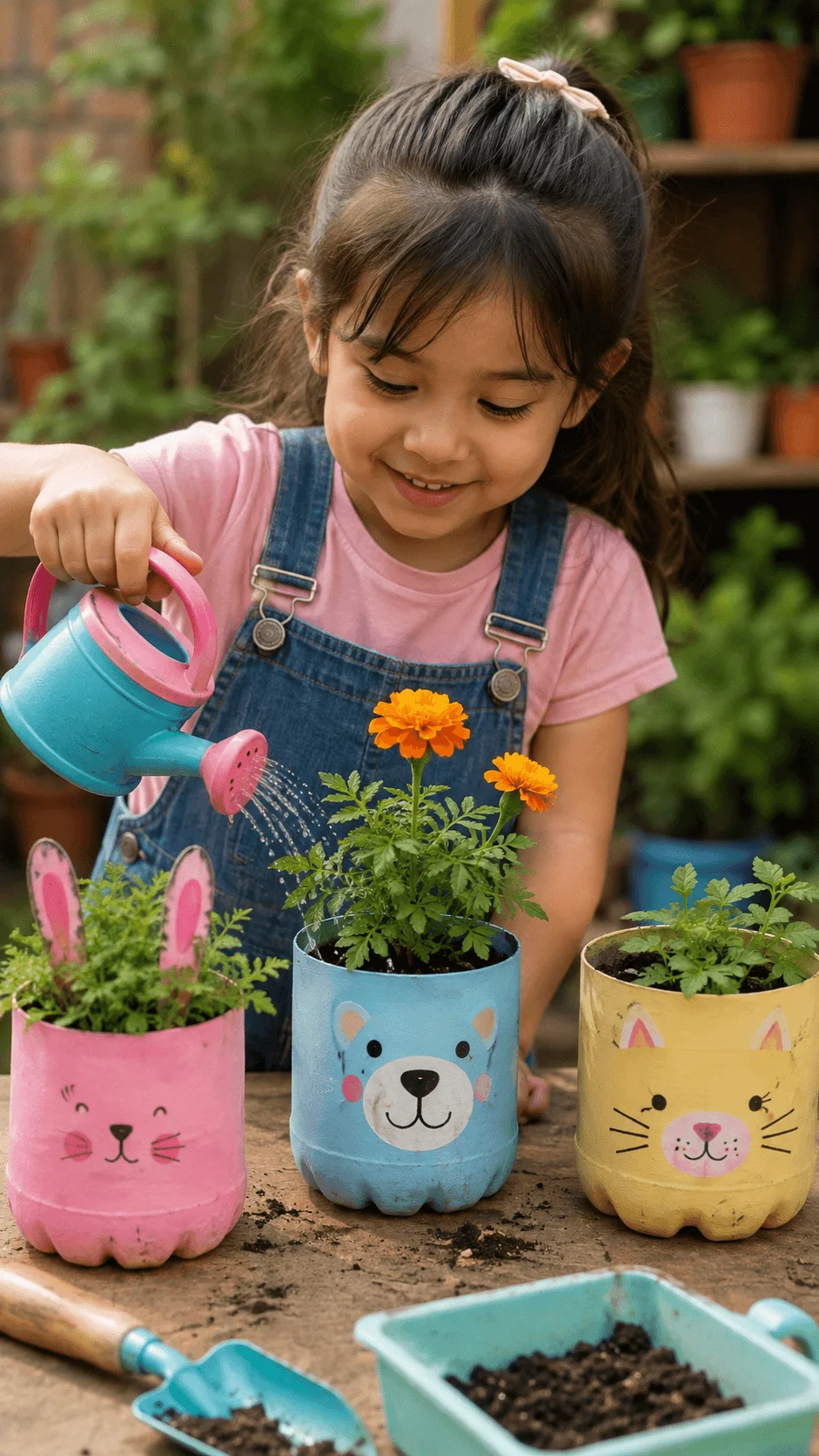 A young child watering flowers in colorful upcycled animal themed planters made from recycled containers outdoors