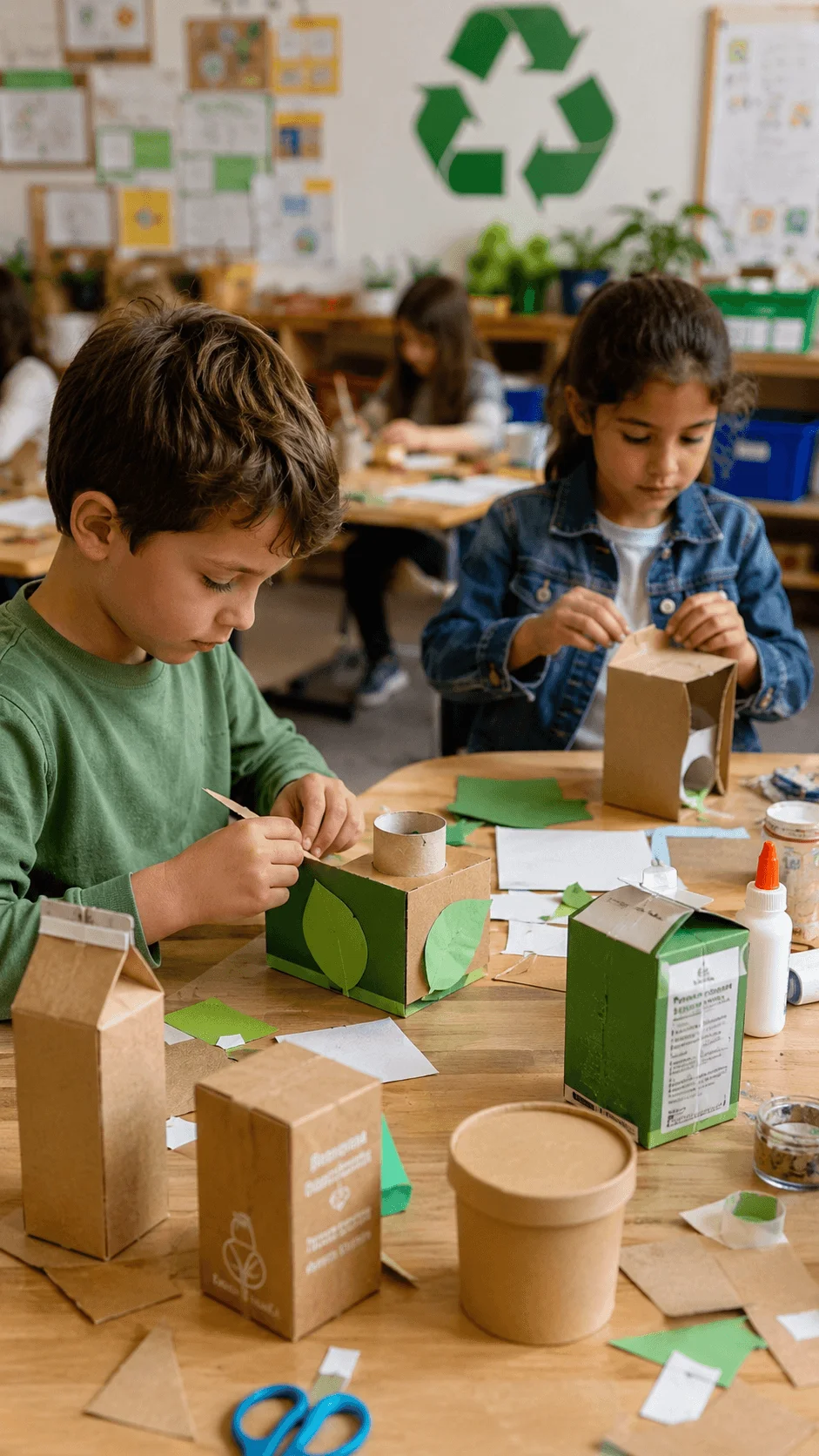 Students creating sustainable packaging designs from recycled cardboard during an eco friendly classroom activity